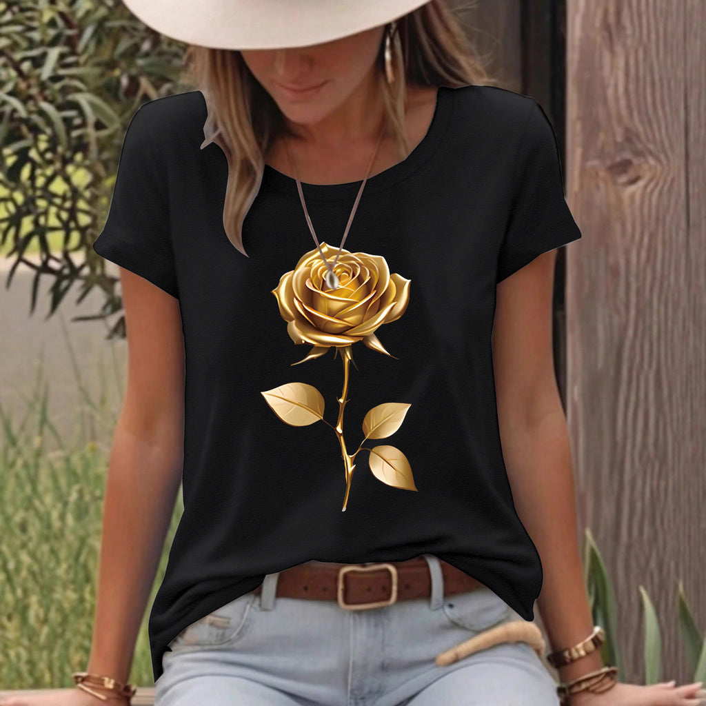 $18.62 - Short Sleeve Round Neck T-Shirt with Gold Rose