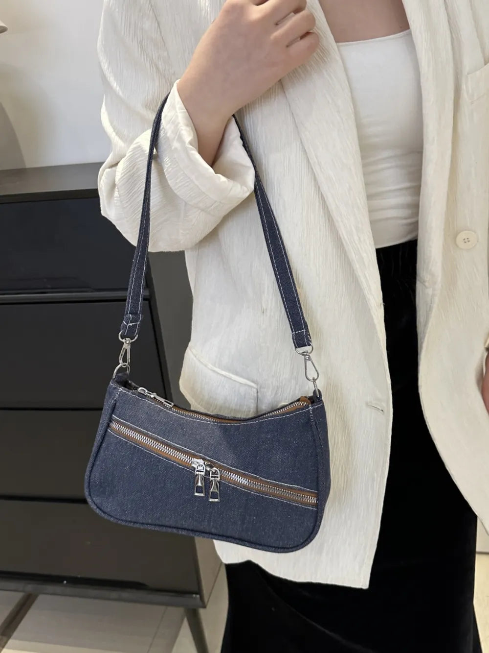 Denim crossbody bag with zipper closure