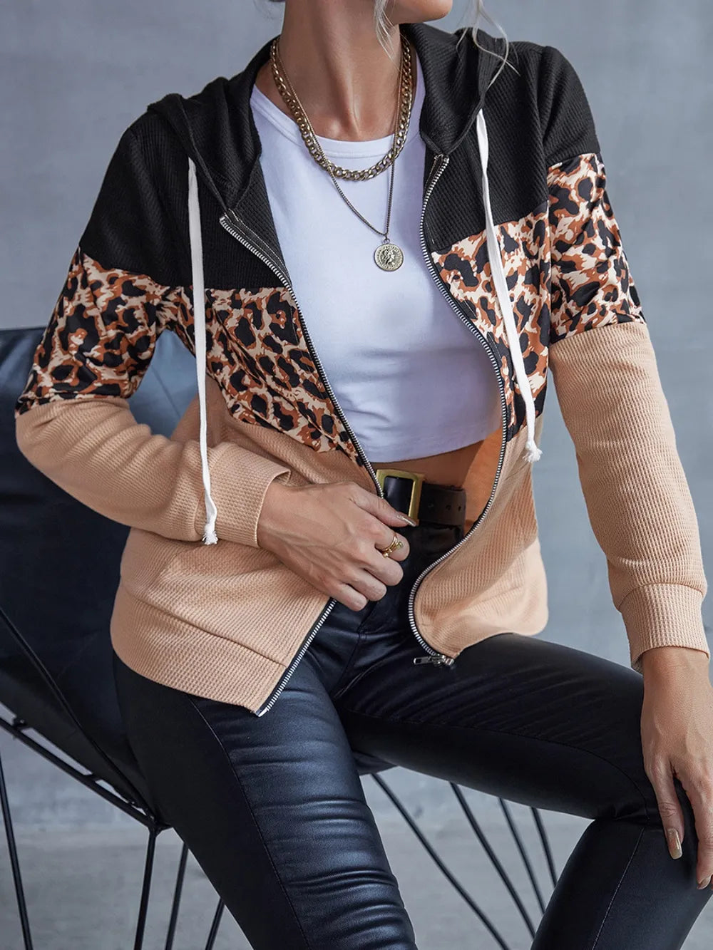 Leopard print zipped hoodie with drawstring