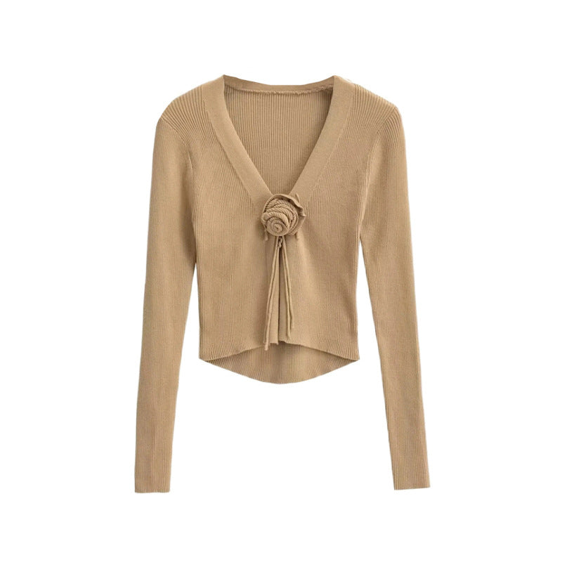 Spicy girl design V-neck chest rose long sleeved knitted sweater autumn new slim fit outerwear short cardigan top
