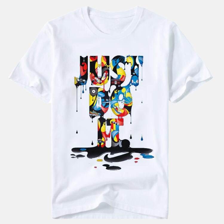 16,51 USD - T-shirt imprimé coloré à col rond pour hommes et femmes « JUST DO IT » ce qui signifie fais-le.