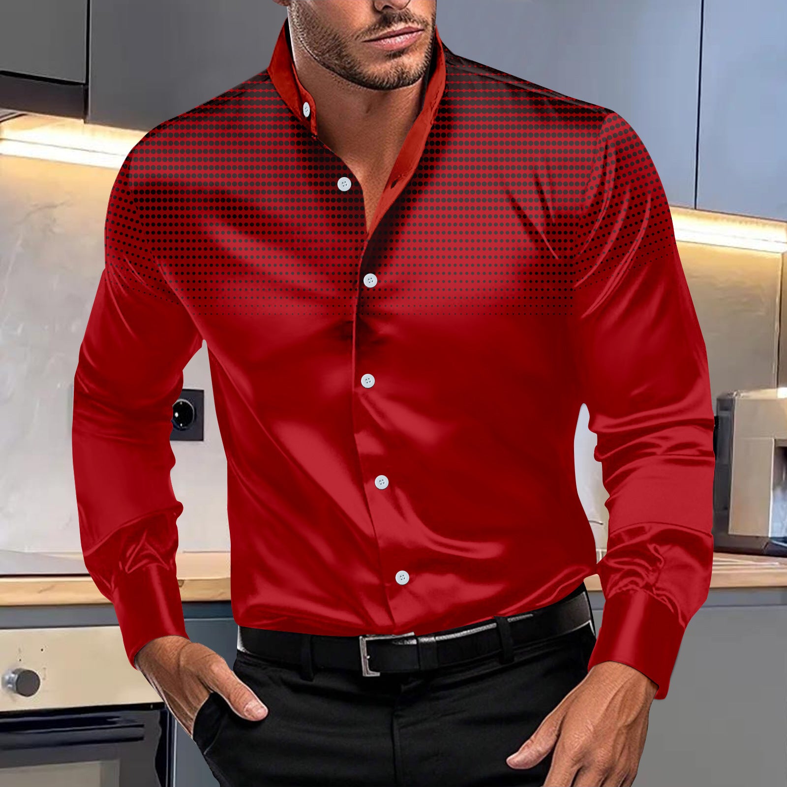 33.76 USD Chemise décontractée pour homme à col montant et manches longues, imprimée de pois ronds sur toutes les faces.