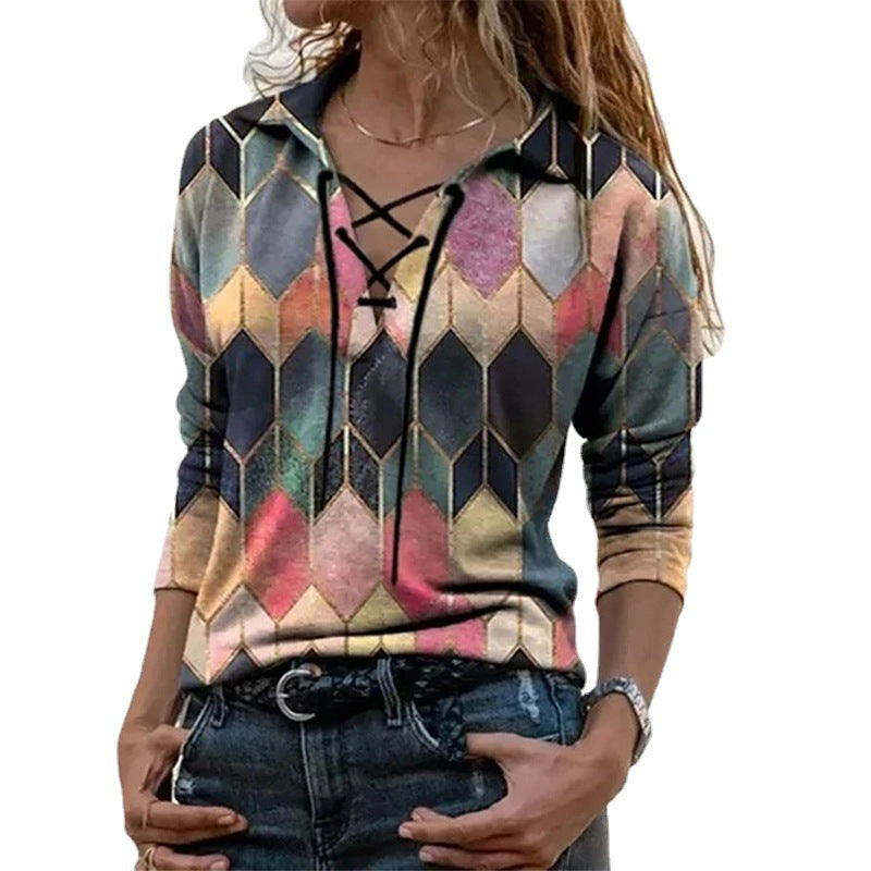 Women's trendy long-sleeved tie V-neck printed top
