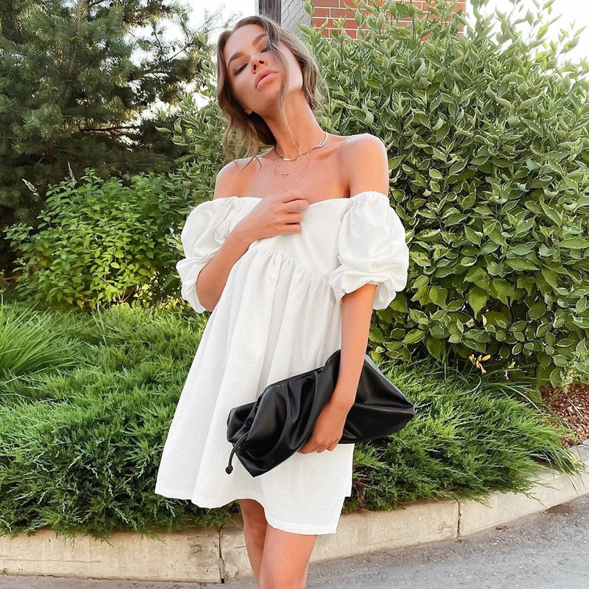 Sexy Off Shoulder White Women Dress Cotton Big Puff Sleeve Dress Short A-line Summer Mini Dress Ladies Pleated Loose