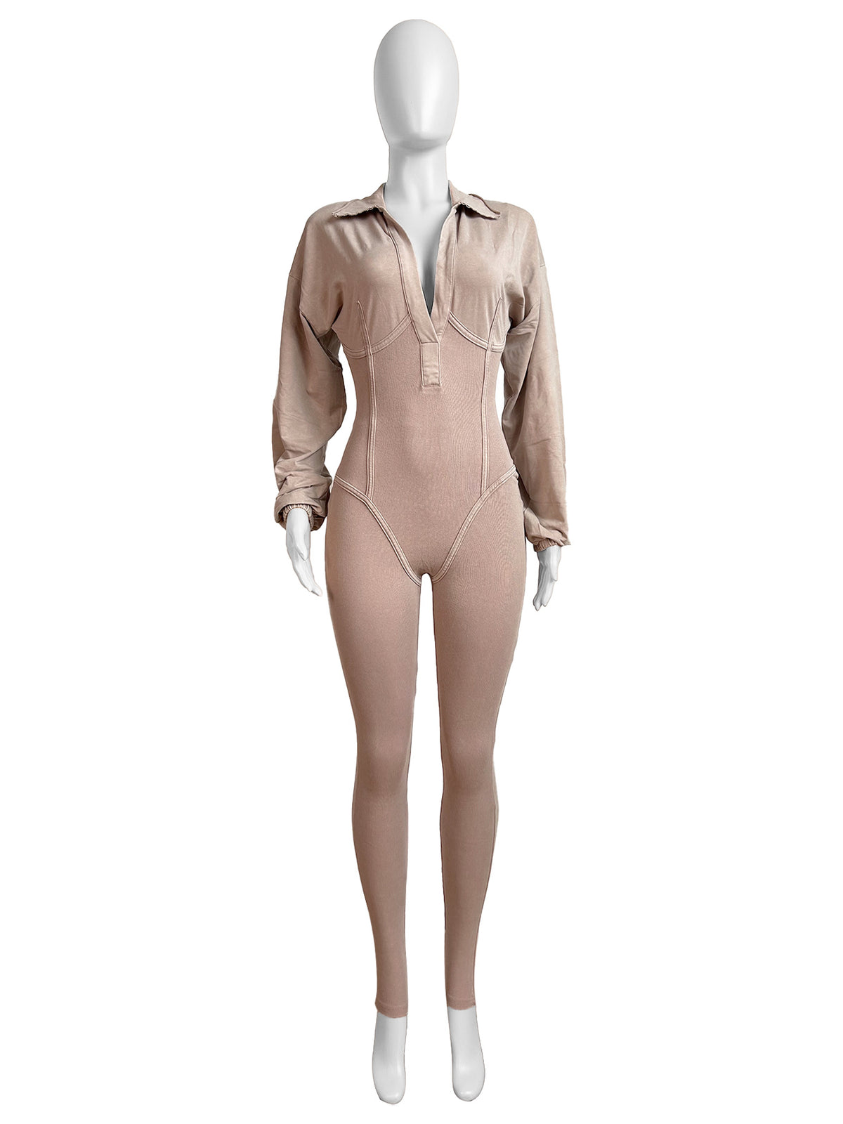 Combinaison tendance pour femme, style sexy à col en V profond, manches longues et effet délavé/vieilli, idéale pour l'automne et l'hiver.
