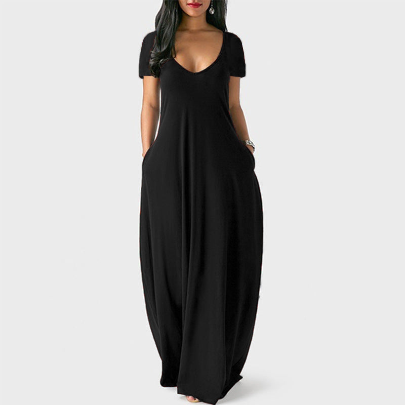Robe d'été grande taille unie pour femme, sexy, décolleté plongeant en V, manches courtes, longue