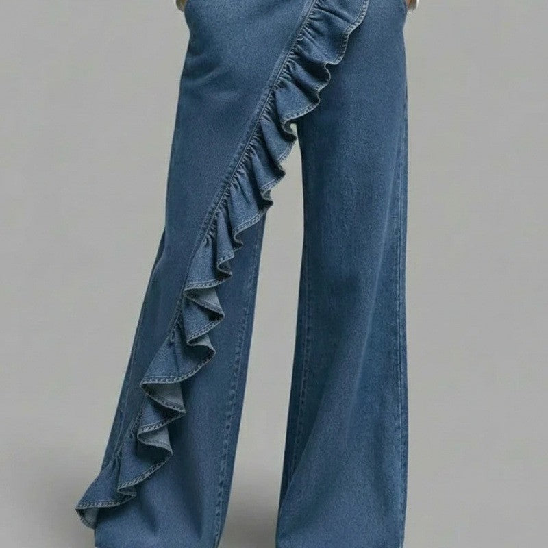 Pantalon vintage en denim véritable taille mi-haute asymétrique pour femme - Collection printemps-été