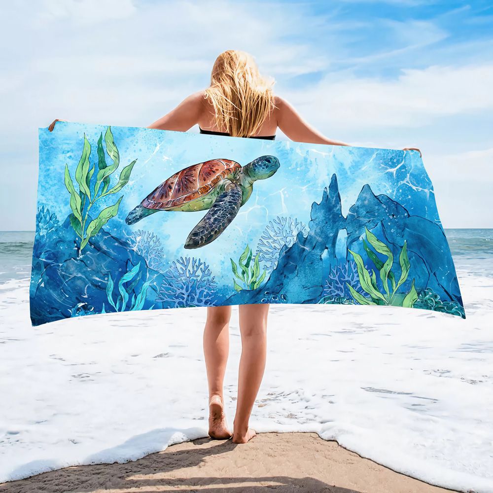 Serviette de plage en microfibre ultra-fine à motif de tortue marine – Serviette de bain double face à séchage rapide – Tapis de plage anti-sable