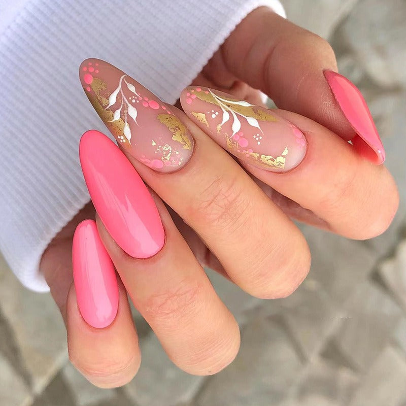 Wearable Manicure Pink polka dot nails Gold leaf ink White flower nail stickers Removable nails