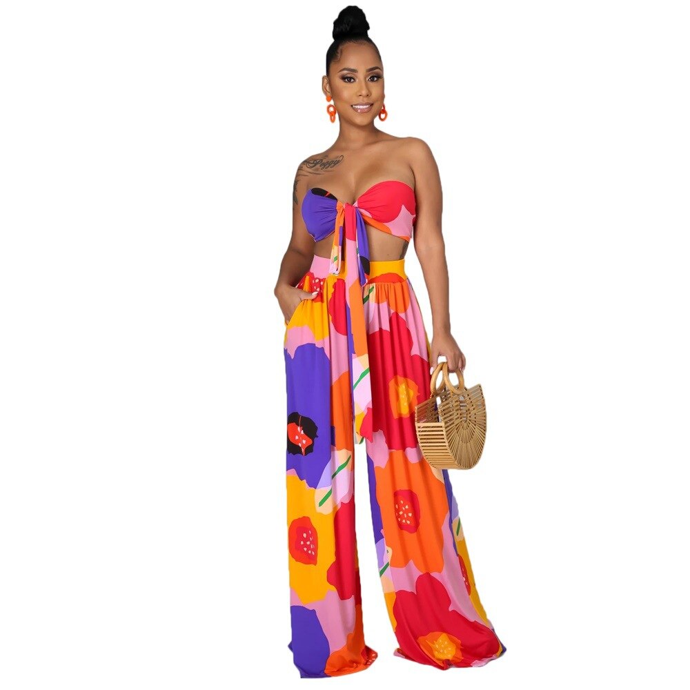 Vêtements pour Femmes Robe Longue Imprimée Florale Nouveau Haut Tube Élégant Décontracté Pantalon Col V Ensemble 2 Pièces Femme