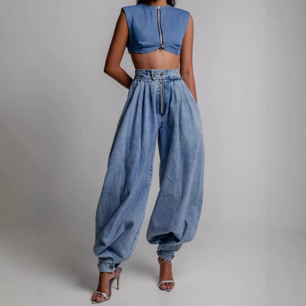 jeans taille haute à fermeture éclair et bas de jambes resserrés pour femmes
