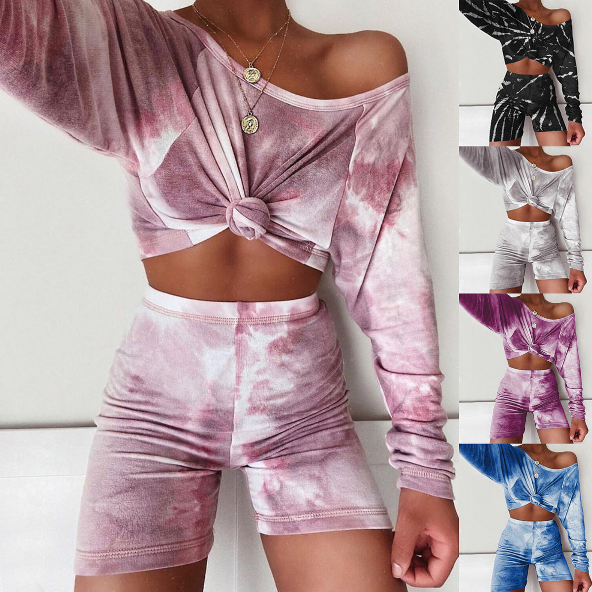 Ensemble d'été pour femme : haut court à manches longues tie-dye ample et mini short cycliste. Tenue deux pièces décontractée et sportive.