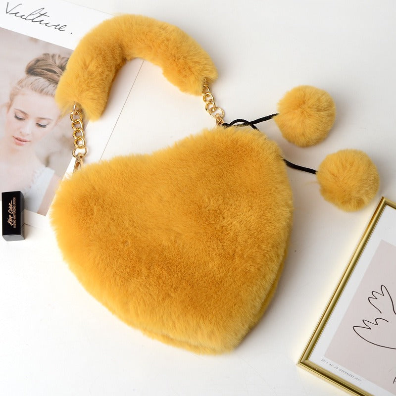 Women's Cyber Red Fashion Plush Heart-shaped Handbag, Slanted Style, with Hair Clip and Wallet.
