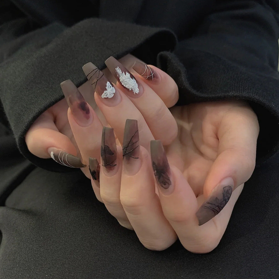 Long black butterfly ballet style manicure, custom nail pieces, removable nails