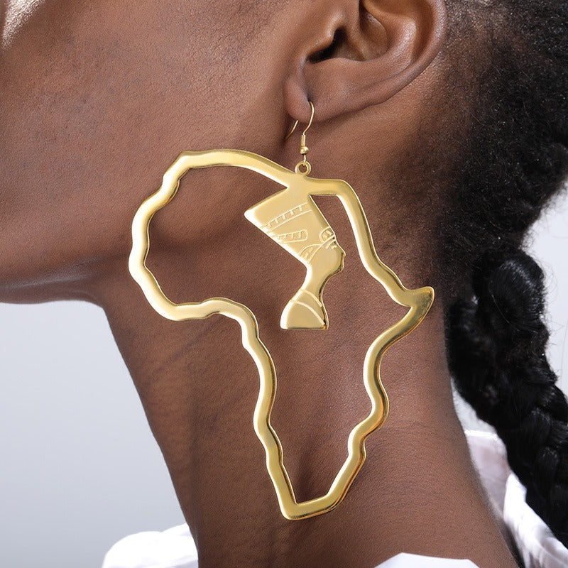 Boucles d'oreilles en acier inoxydable doré, motif portrait ajouré de la reine égyptienne, parure ethnique africaine.