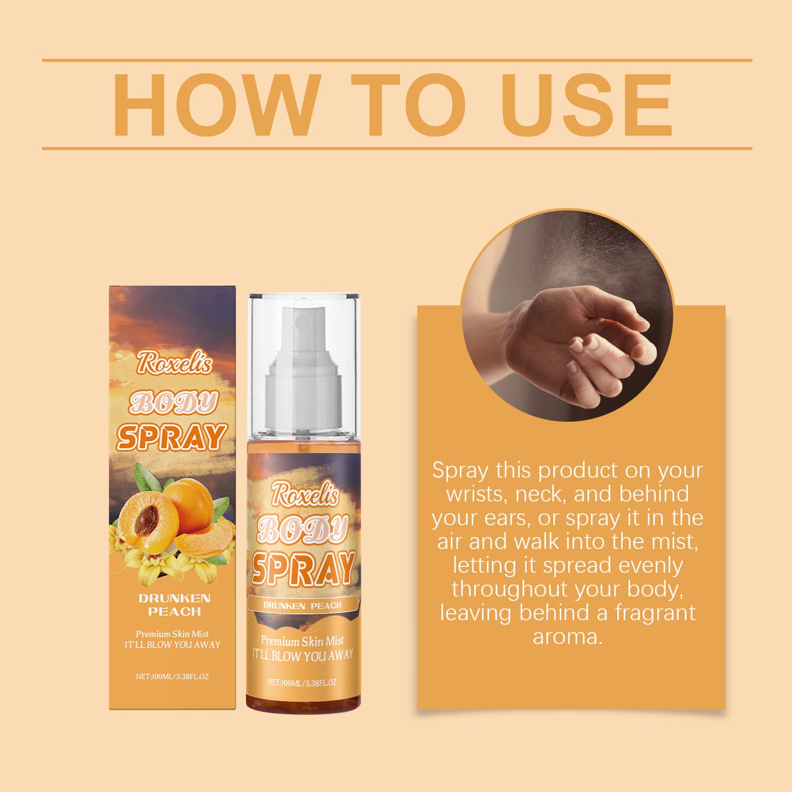 $16.30 - Roxelis Peach Champagne body spray, long-lasting fresh scent with soft notes and a light, multi-layered fragrance