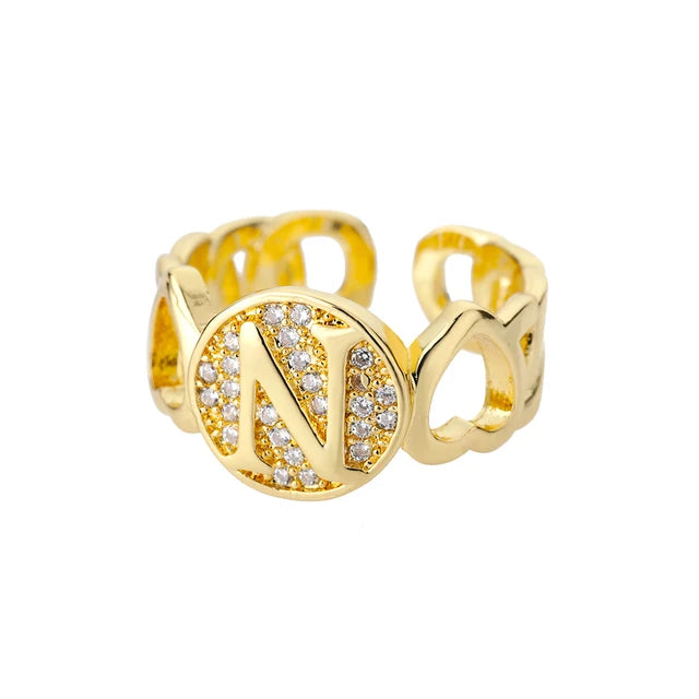 USD 7.92 - Women's Rainbow Zircon Initial Ring, Gold Stainless Steel, Adjustable, Bohemian Style. Couple Ring. Baguette Style Jewelry.