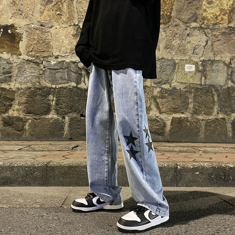 Pantalon Vibe tendance européen et américain, jean gris fumé à pentagramme, coupe ample, jambes droites, style automne-hiver.