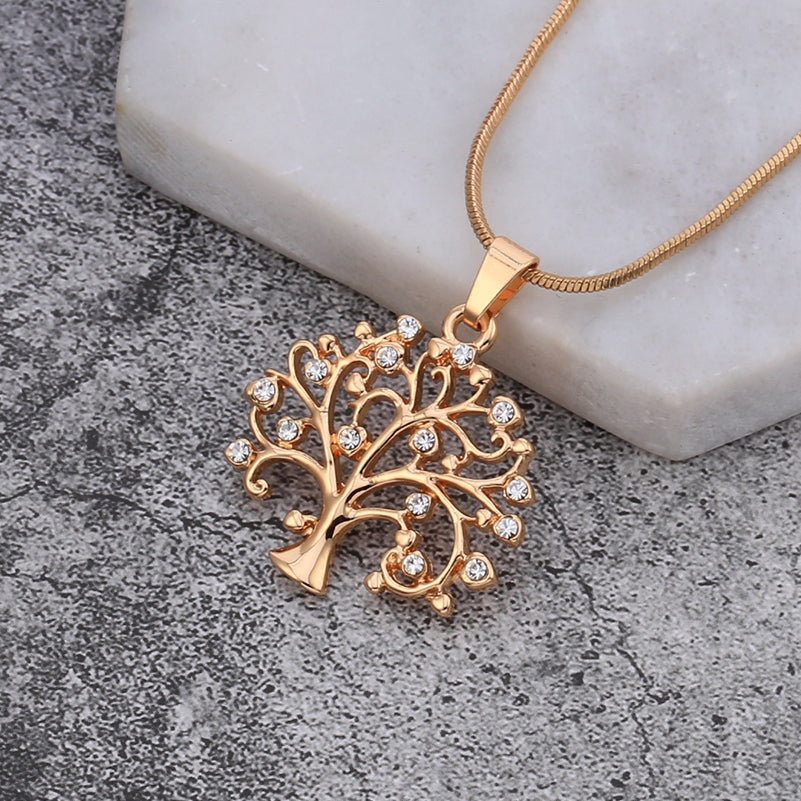 Collier pendentif Arbre de Vie, bijou femme tendance en cristal et or rose, collier tendance
