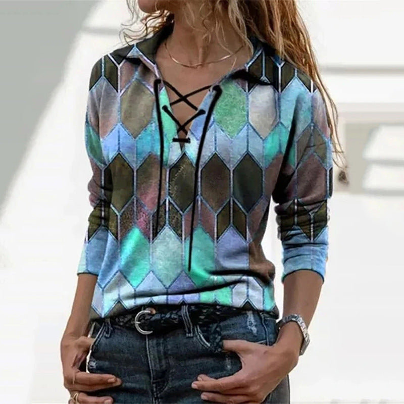Women's trendy long-sleeved tie V-neck printed top