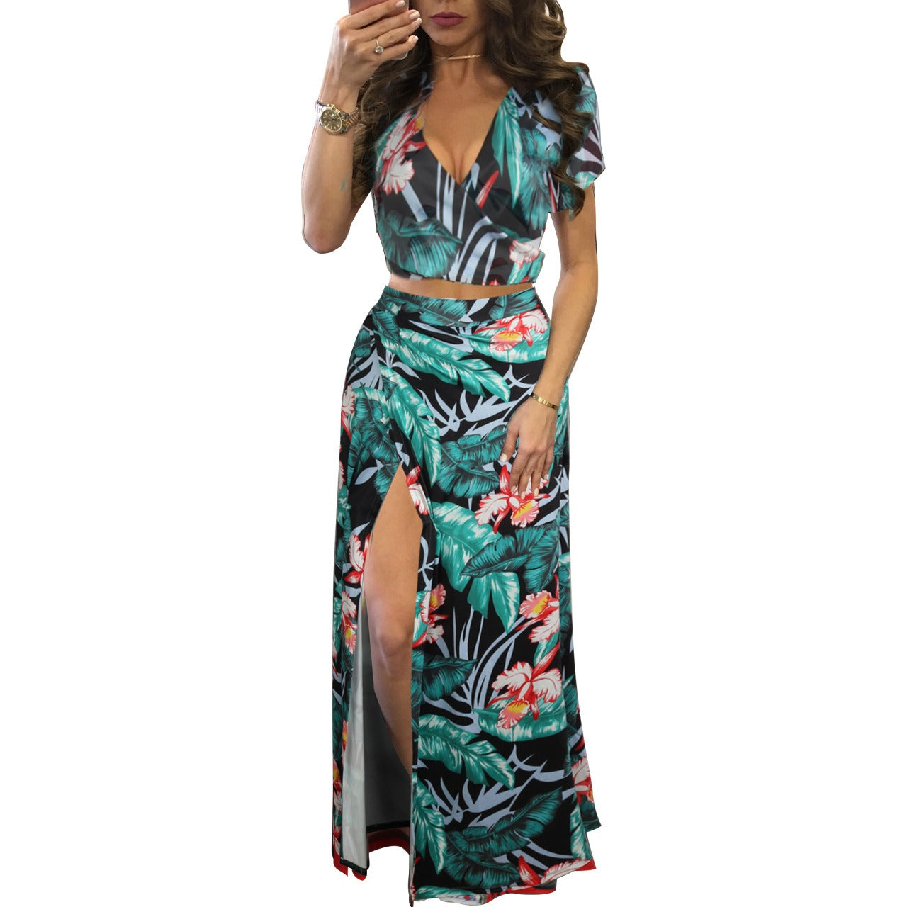 25,54 USD - Ensemble deux pièces robe fleurie classique en promotion