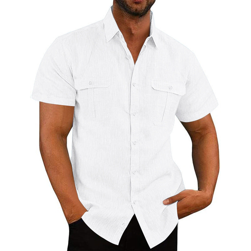 Chemise décontractée en lin à manches courtes pour homme, couleur unie, poche plaquée, ouverture boutonnée, coupe ample, col rabattu