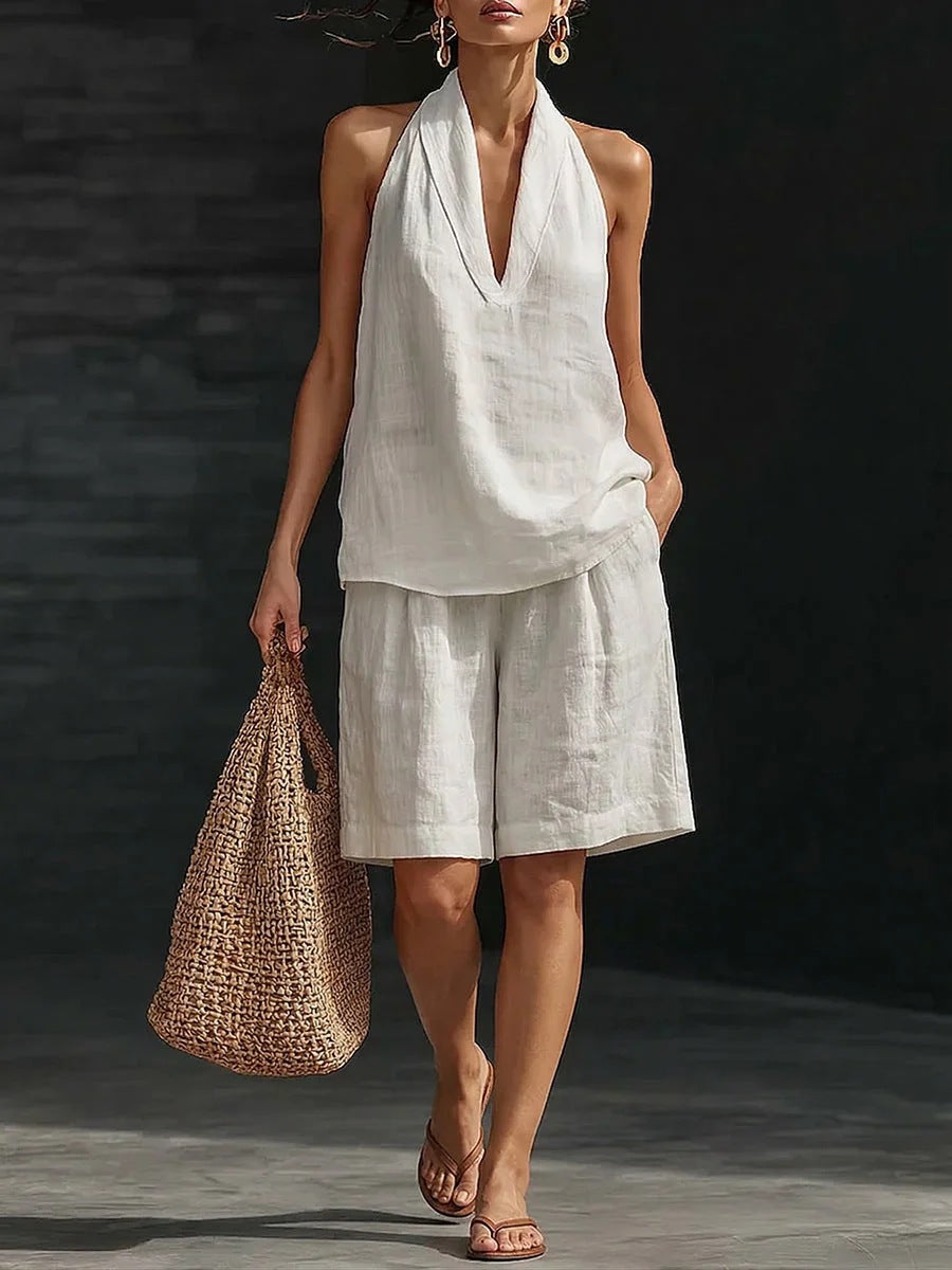 Ensemble décontracté pour femme (gilet et short) en mélange lin-coton, coupe ample tendance, style printemps-été