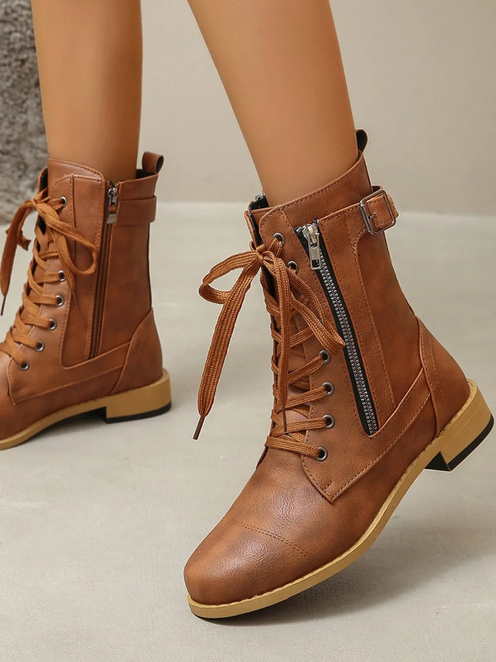 Lace-up PU leather boots