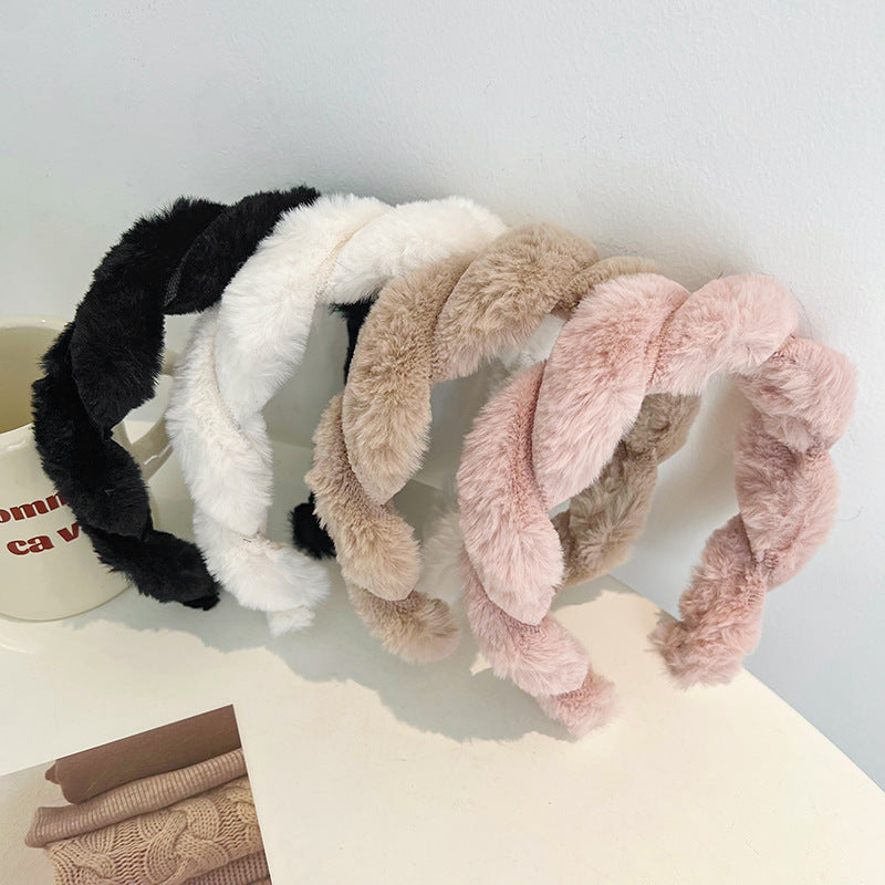 USD 15.72 - Faux Rabbit Fur Braided Headband, Cute Fluffy Solid Color Hair Accessory R526