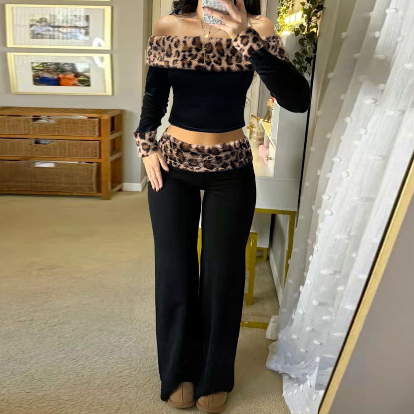 Pantalon taille basse duveteux imprimé léopard pour femme, T-shirt moulant asymétrique à manches longues, ensemble décontracté