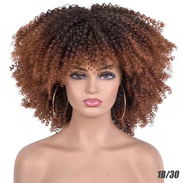 Perruque afro bouclée noire en fibres synthétiques, ensemble complet