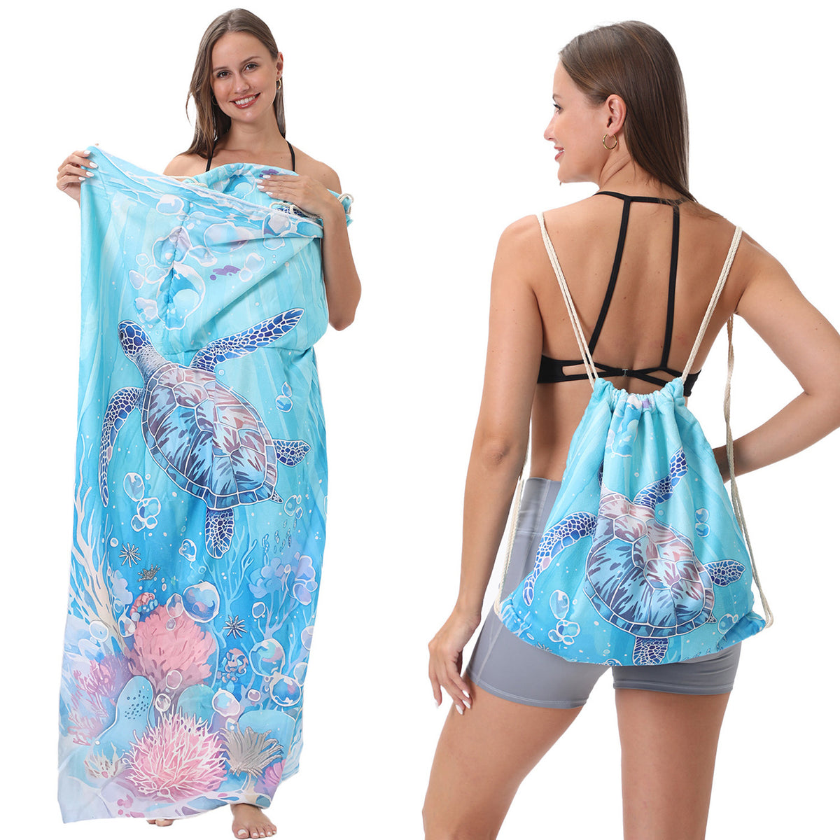 Serviette de plage pliable 2-en-1 et serviette de bain imprimée – Serviette de plage tout-en-un avec sac de rangement