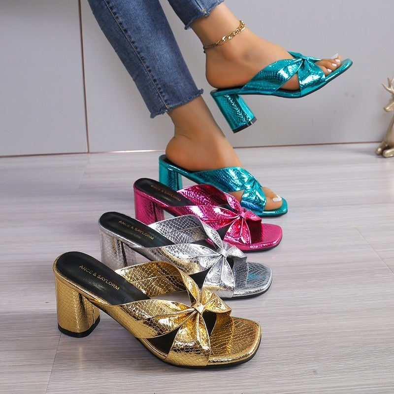 Women's Snake-Embossed Cross-Strap High-Heel Slippers