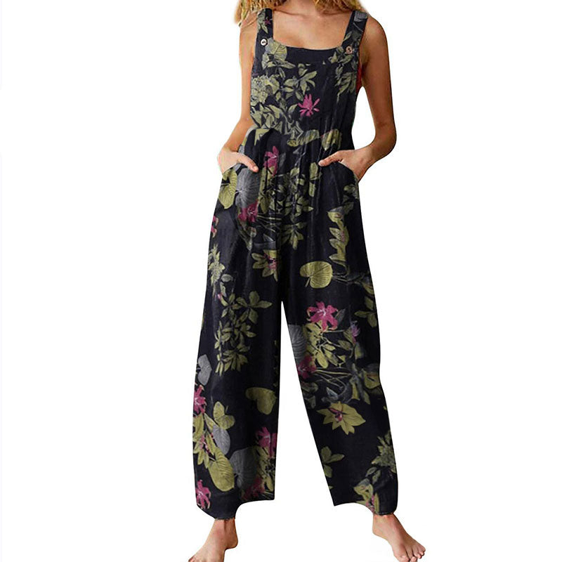 Combinaison en coton-lin décontractée pour femme – Sans manches, coupe ample, jambes larges, grandes tailles, style salopette longue et ample avec poches