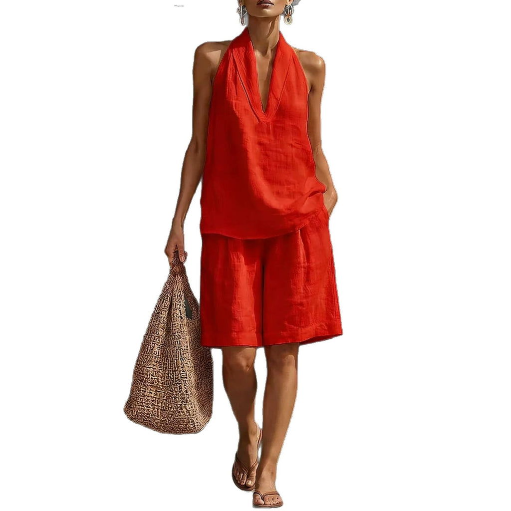 Ensemble décontracté pour femme (gilet et short) en mélange lin-coton, coupe ample tendance, style printemps-été