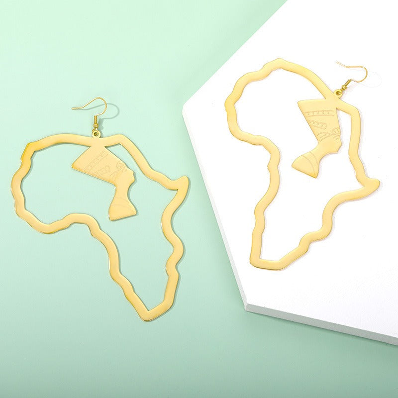 Boucles d'oreilles en acier inoxydable doré, motif portrait ajouré de la reine égyptienne, parure ethnique africaine.