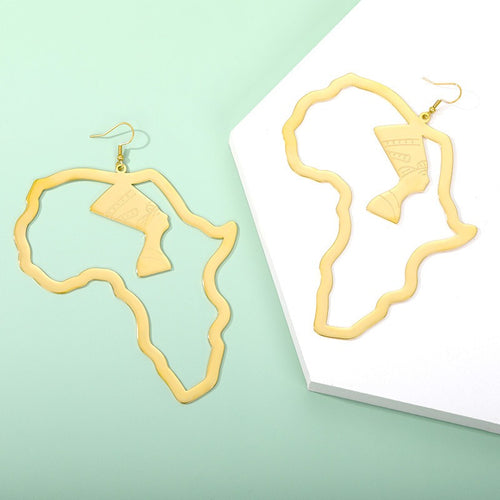 Boucles d'oreilles en acier inoxydable doré, motif portrait ajouré de la reine égyptienne, parure ethnique africaine.