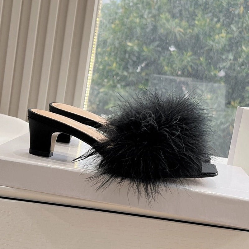 High-heeled camel hair and fur slippers, open toe, block heel, fur half-slippers
