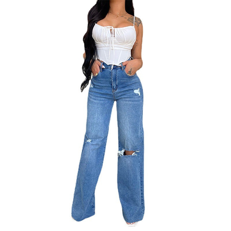Pantalon femme, jean déchiré, pantalon en denim taille haute, pantalon en denim à jambes larges, vêtements en denim bleu, jean vintage, mode décontractée, pantalon droit