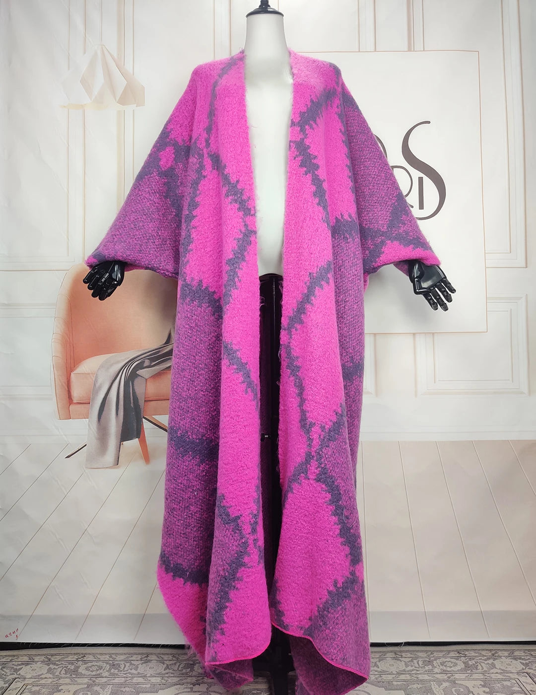 Nouveauté mode : coup de cœur des blogueuses américaines – Kimono-pull mosaïque magenta, long gilet chaud ouvert pour femmes (grandes tailles / style africain).