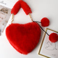 Women's Cyber Red Fashion Plush Heart-shaped Handbag, Slanted Style, with Hair Clip and Wallet.