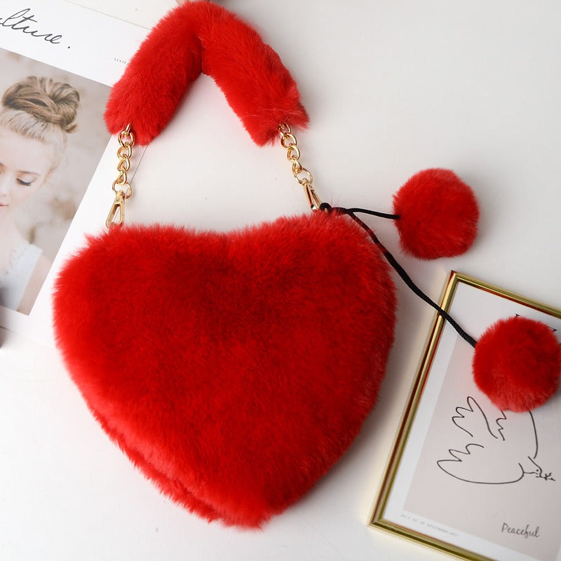 Women's Cyber Red Fashion Plush Heart-shaped Handbag, Slanted Style, with Hair Clip and Wallet.