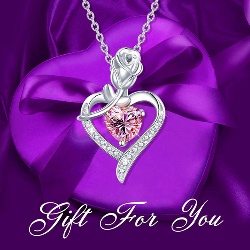 Collier pendentif en forme de cœur avec diamant et rose, cadeau idéal pour la fête des mères