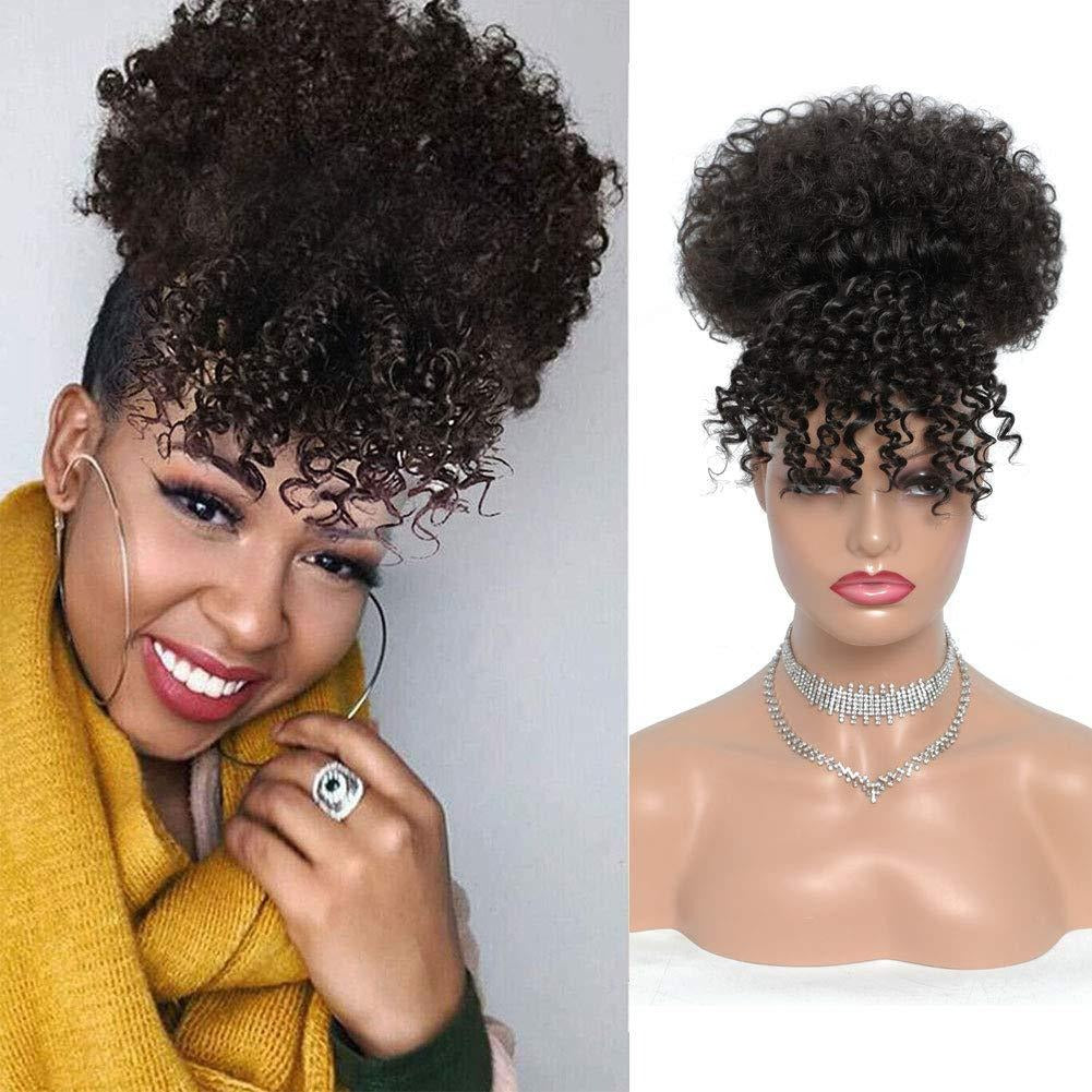 Trendy European/American hairstyle: voluminous bangs and small "pipe cleaner" curls for afro hair.