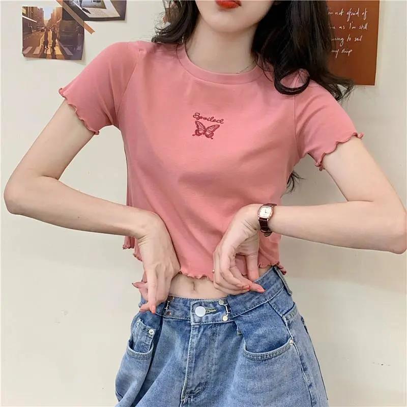 High Waist Crop Top Women's Slim Fit Stretchy Versatile Butterfly Embroidery Short Sleeve T-Shirt