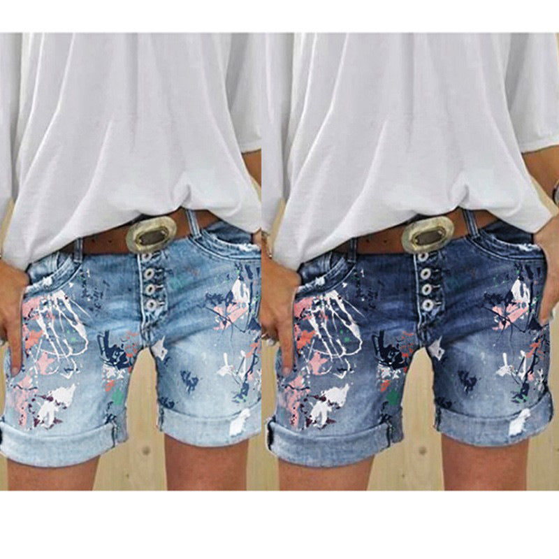 Short en jean imprimé taille haute élastique pour femme, fermeture boutonnée, grande taille, modèle tendance