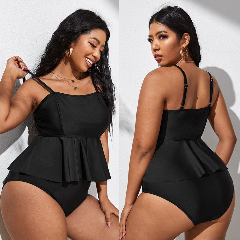 Swimsuit Women Two-Piece Solid Color Black Plus Size Fat