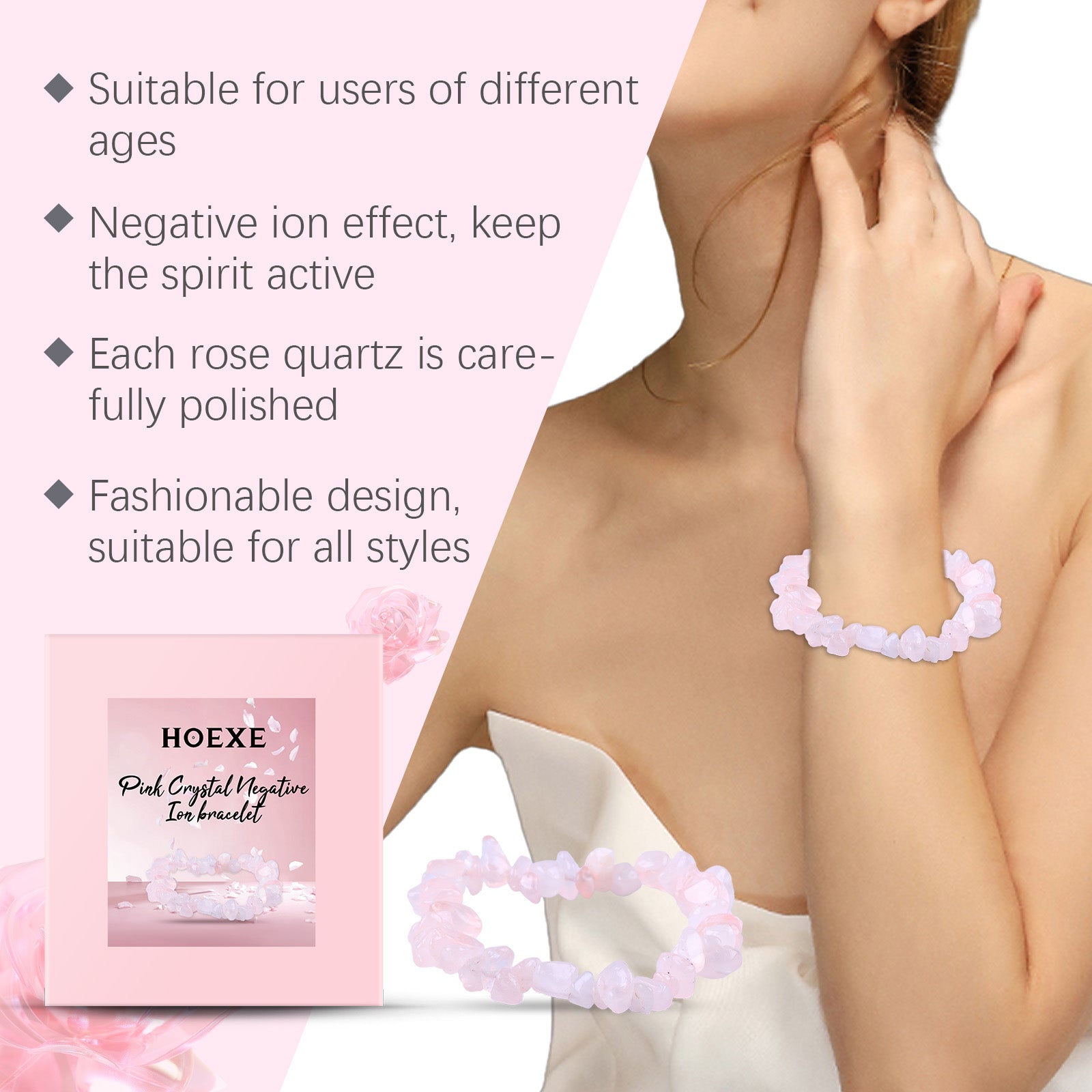 Bracelet en cristal rose, accessoire de mode et décoration pour les mains. Perles roses tendance.
