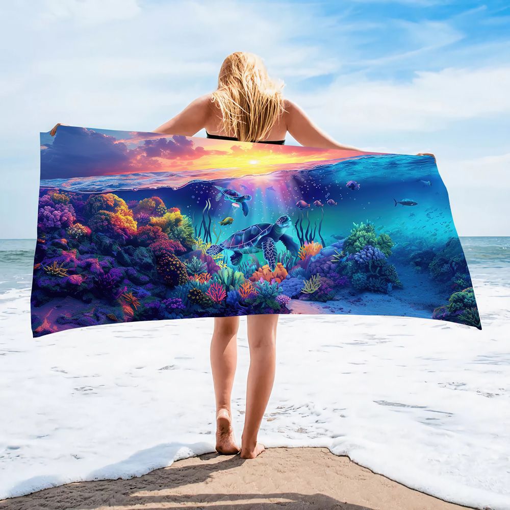 Serviette de plage en microfibre ultra-fine à motif de tortue marine – Serviette de bain double face à séchage rapide – Tapis de plage anti-sable