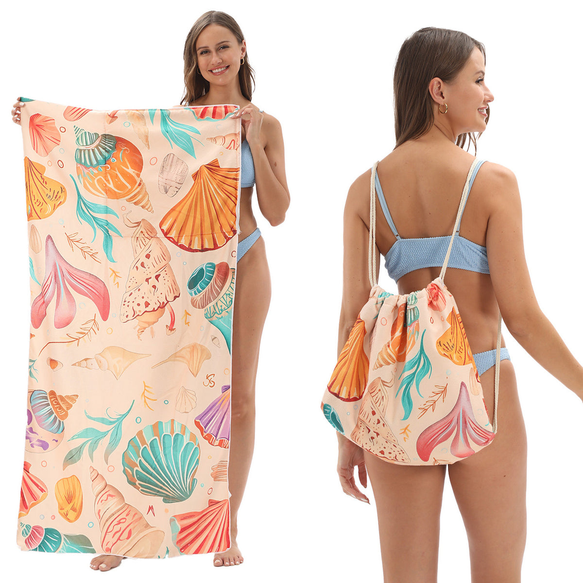 Serviette de plage pliable 2-en-1 et serviette de bain imprimée – Serviette de plage tout-en-un avec sac de rangement